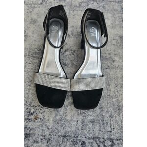 C&M Womens Black Rhinestone Ankle Strap Block Heel Sandals Square Toe Size 7.5 M